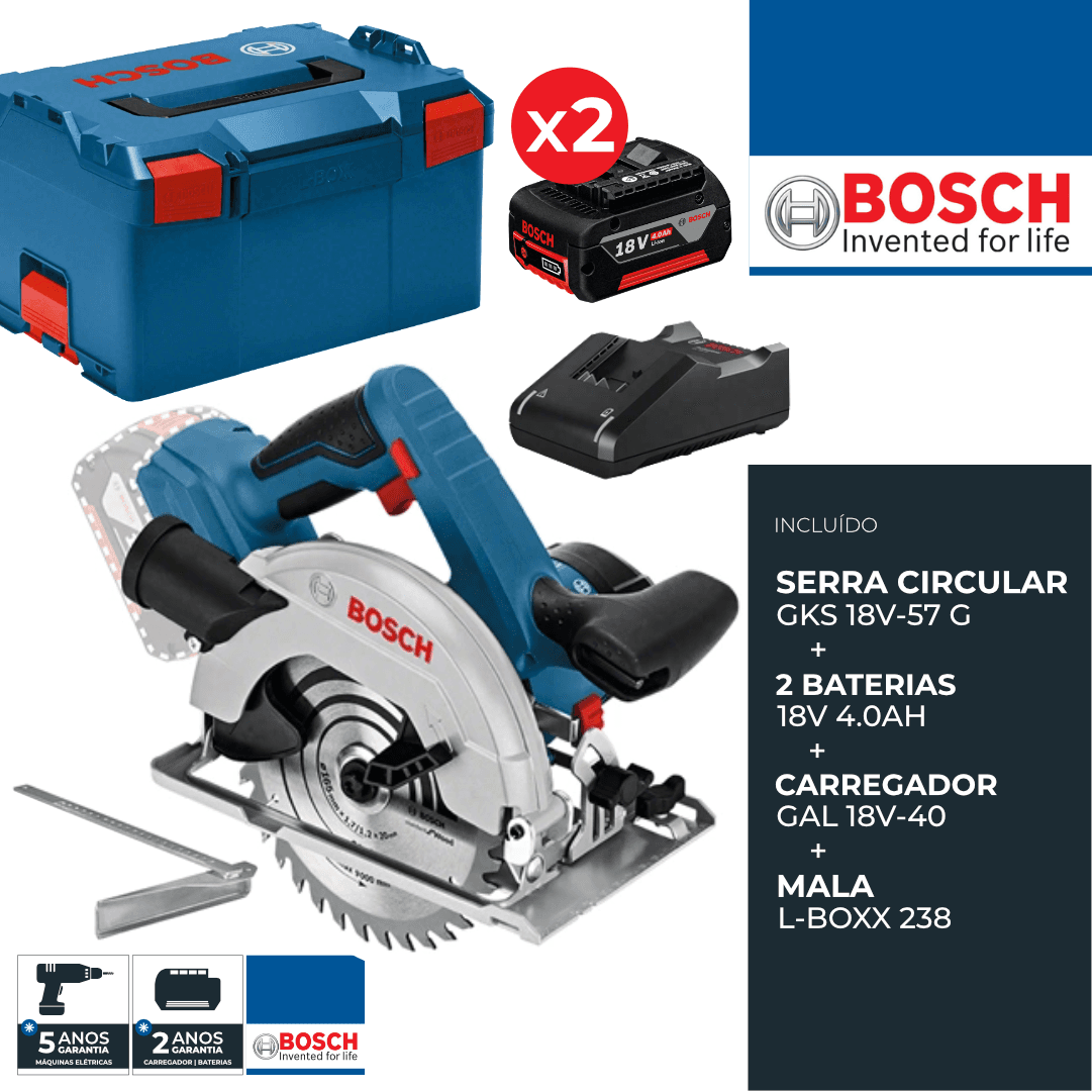 Serra Circular Bosch Profissional GKS 18V-57 G 165MM + 2 Baterias 4.0Ah + Carregador + Mala (06016A2106)