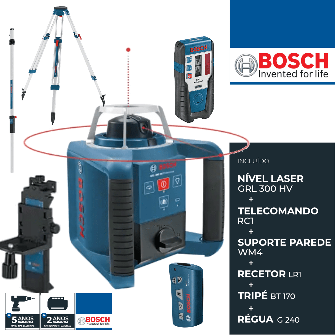 Nível Laser Rotativo Bosch Profissional GRL 300 HV + Recetor LR1 + Tripé BT 170 + Régua GR 240 + Telecomando RC1 (061599405U)
