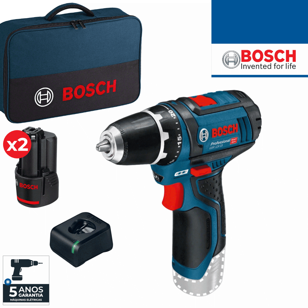 Aparafusadora Bosch Profissional GSR 12V-15 + 2 Baterias 2.0Ah + Carregador + Mala (060186810F)