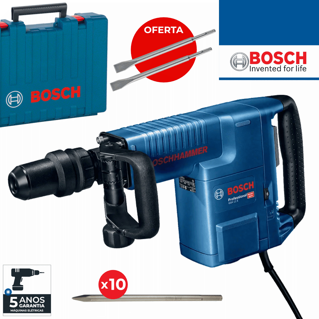 Martelo Demolidor Elétrico Bosch Profissional 11KG GSH 11 E + 10 Ponteiros + 2 Cinzeis + Mala