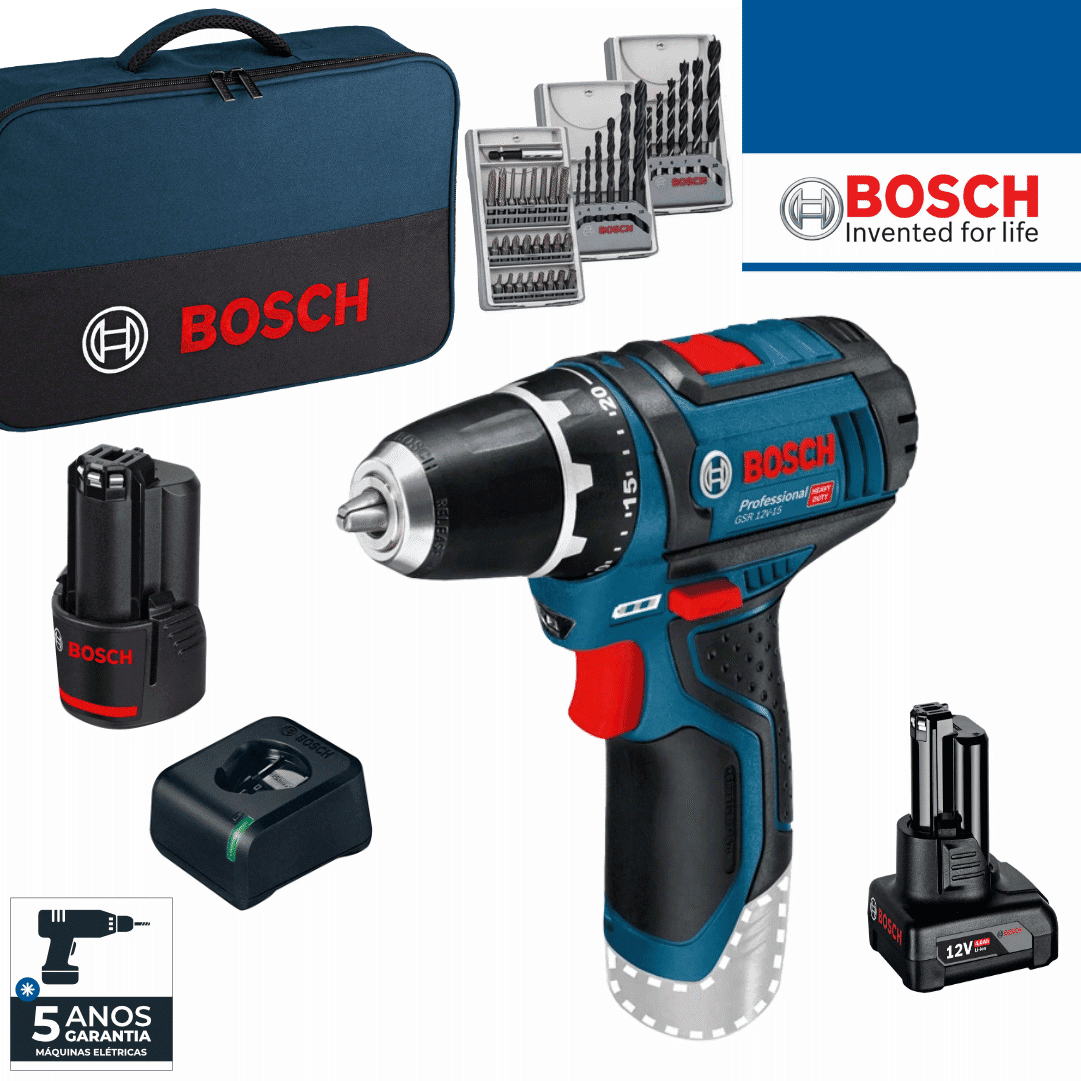 Aparafusadora Bosch Profissional GSR 12V-15 c/ 39 Acessórios + Bateria 2.0Ah + Bateria 4.0Ah + Carregador (0615990G6L)