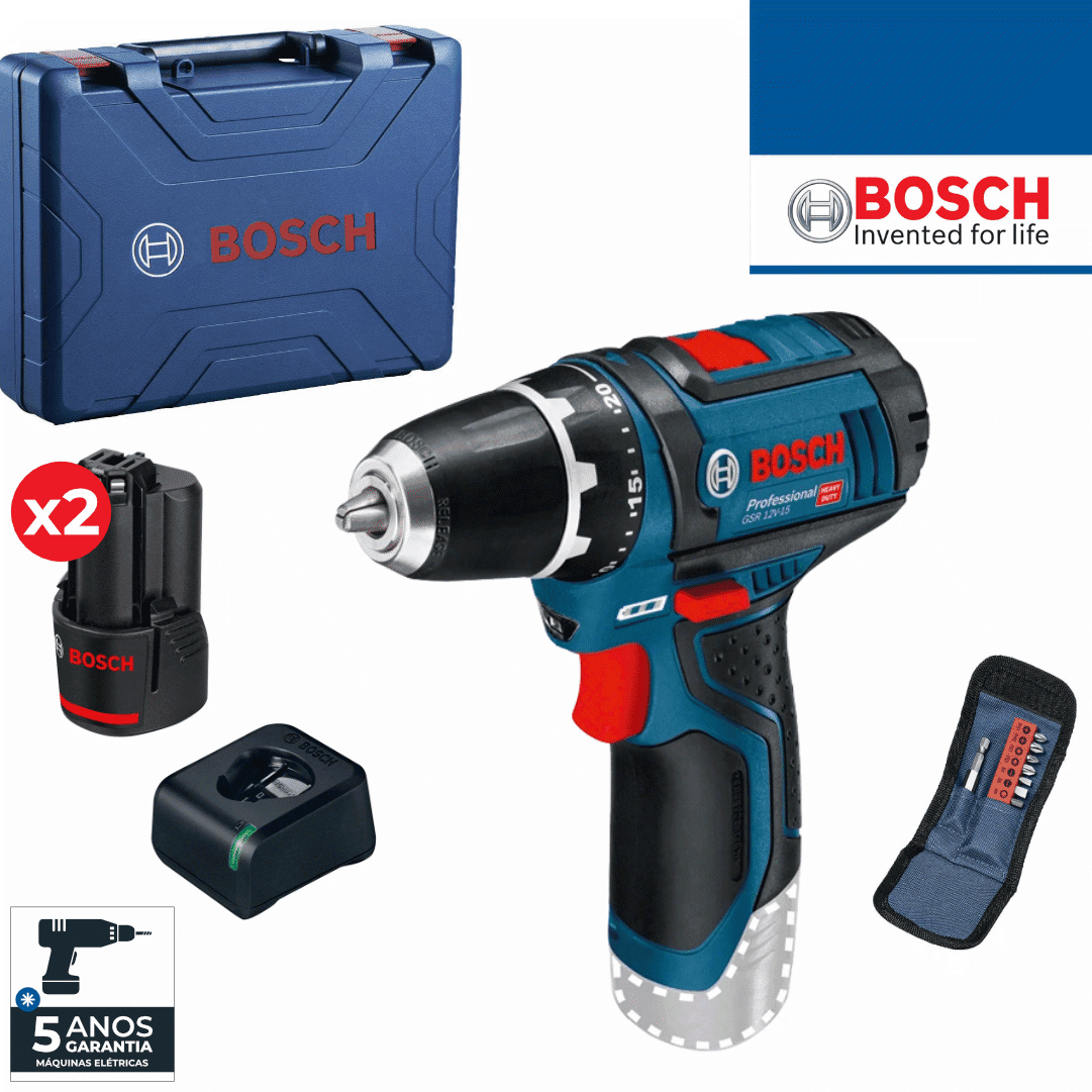 Aparafusadora Bosch Profissional GSR 12V-15 + 2 Baterias 2.0Ah + Carregador + Mala + Acessórios (060186810G)