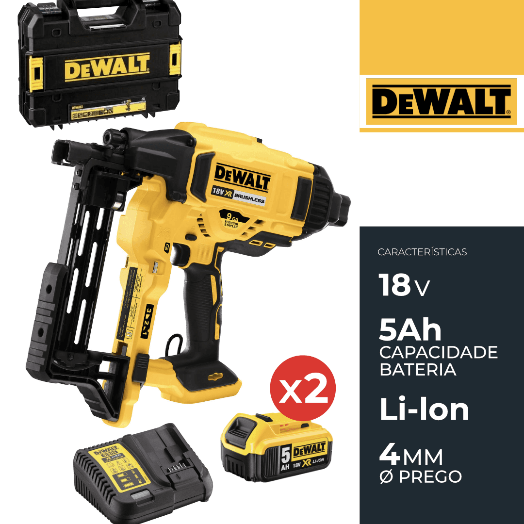 Pistola de Grampos DeWalt XR 18V + 2 Baterias 18V 5.0Ah + Carregador + Mala 
