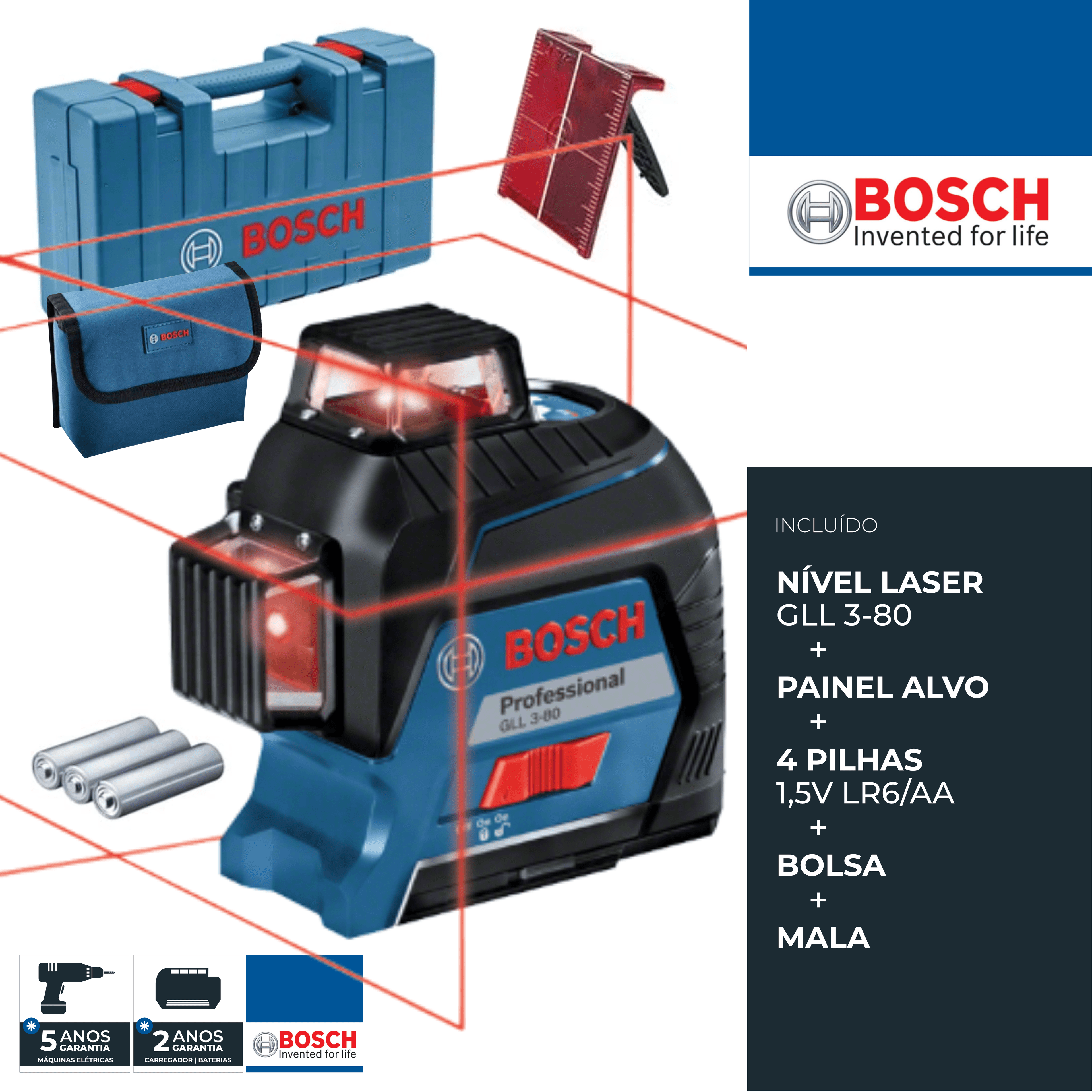 Nível Laser Linhas Bosch Profissional GLL 3-80 + Bolsa + Mala (0601063S00)