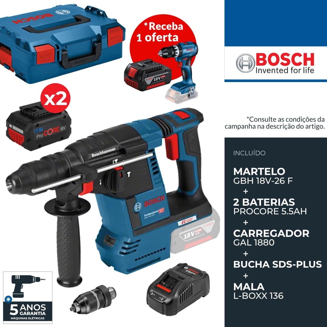Martelo Perfurador Bosch Profissional SDS-Plus GBH 18V-26 F + 2 Baterias ProCore 5.5Ah + Carregador + Mala (061191000F)