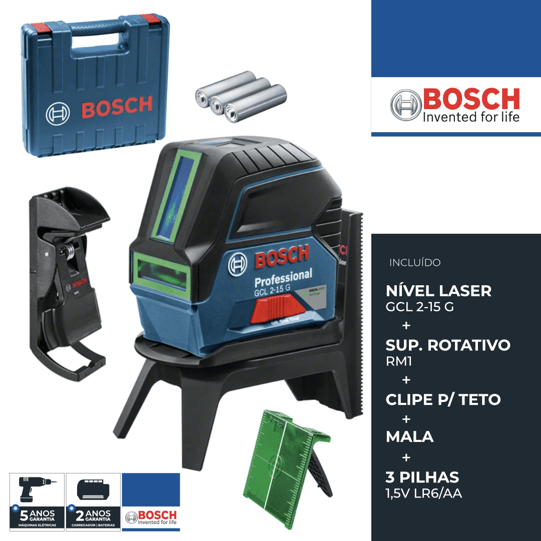 Nível Laser Combinado Bosch GCL 2-15 G + Suporte de Parede + Suporte Rotativo + Mala (0601066J00)