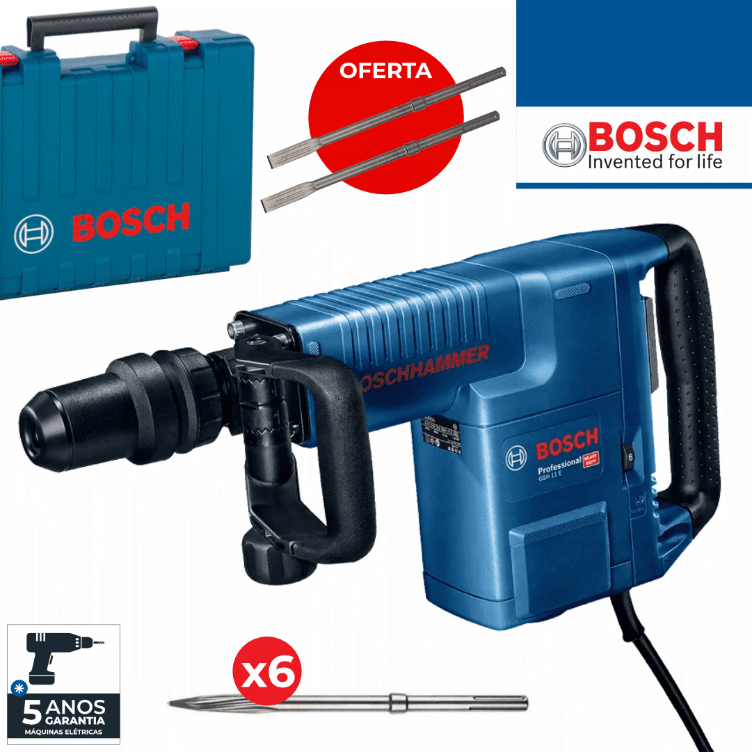 Martelo Demolidor Elétrico Bosch Profissional 11KG GSH 11 E + 6 Ponteiros Auto-Afiáveis + 2 Cinzeis Auto-Afiáveis + Mala
