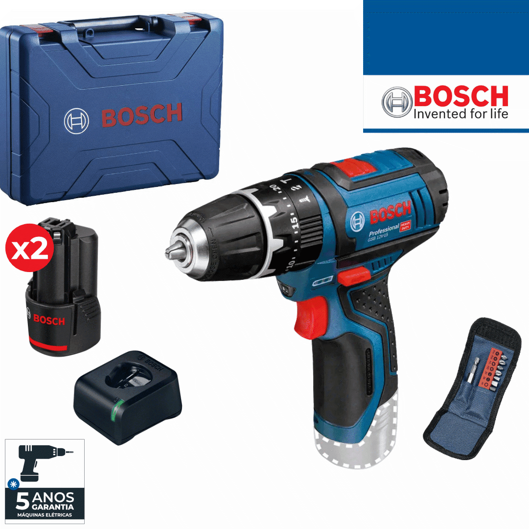 Berbequim Bosch Profissional GSB 12V-15 + 2 Baterias 2.0Ah + Carregador + Mala + Acessórios (06019B690J)