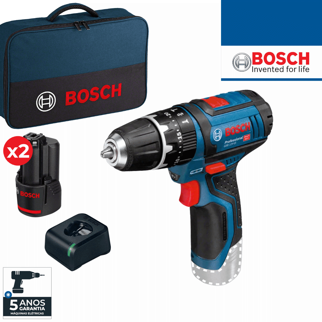 Berbequim Bosch Profissional GSB 12V-15 + 2 Baterias 2.0Ah + Carregador + Mala (06019B690H)