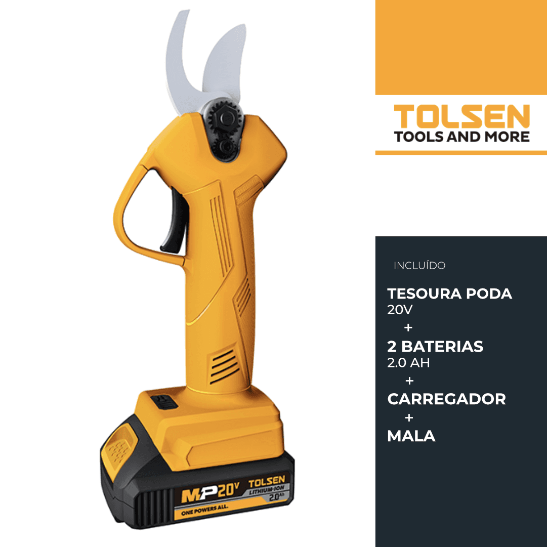 Tesoura Poda Tolsen 20V + 2 Baterias 2.0Ah + Carregador + Mala
