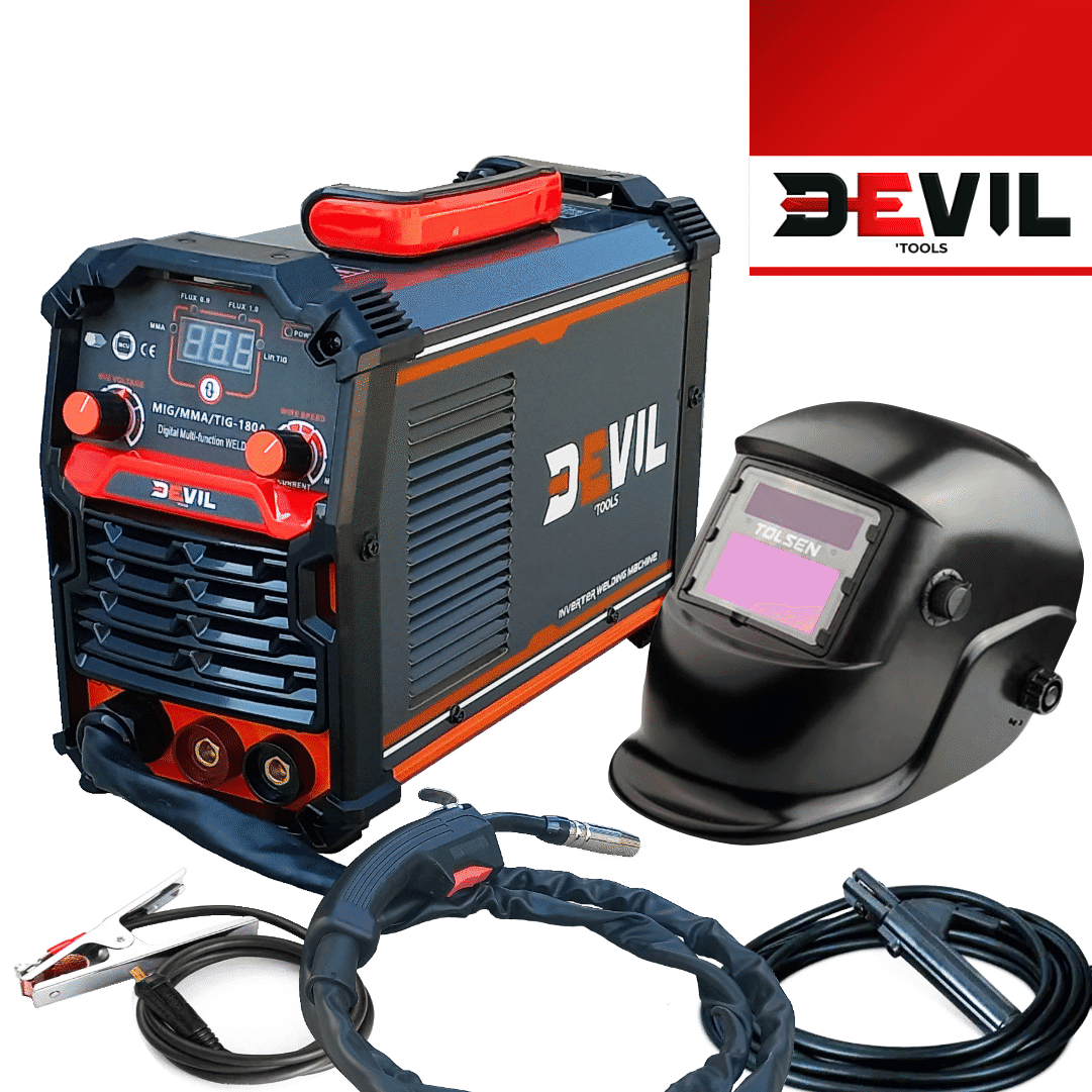 Aparelho Soldar Multifunções Devil'Tools MMA/TIG/MAG 180A + Máscara de Soldar Eletrónica