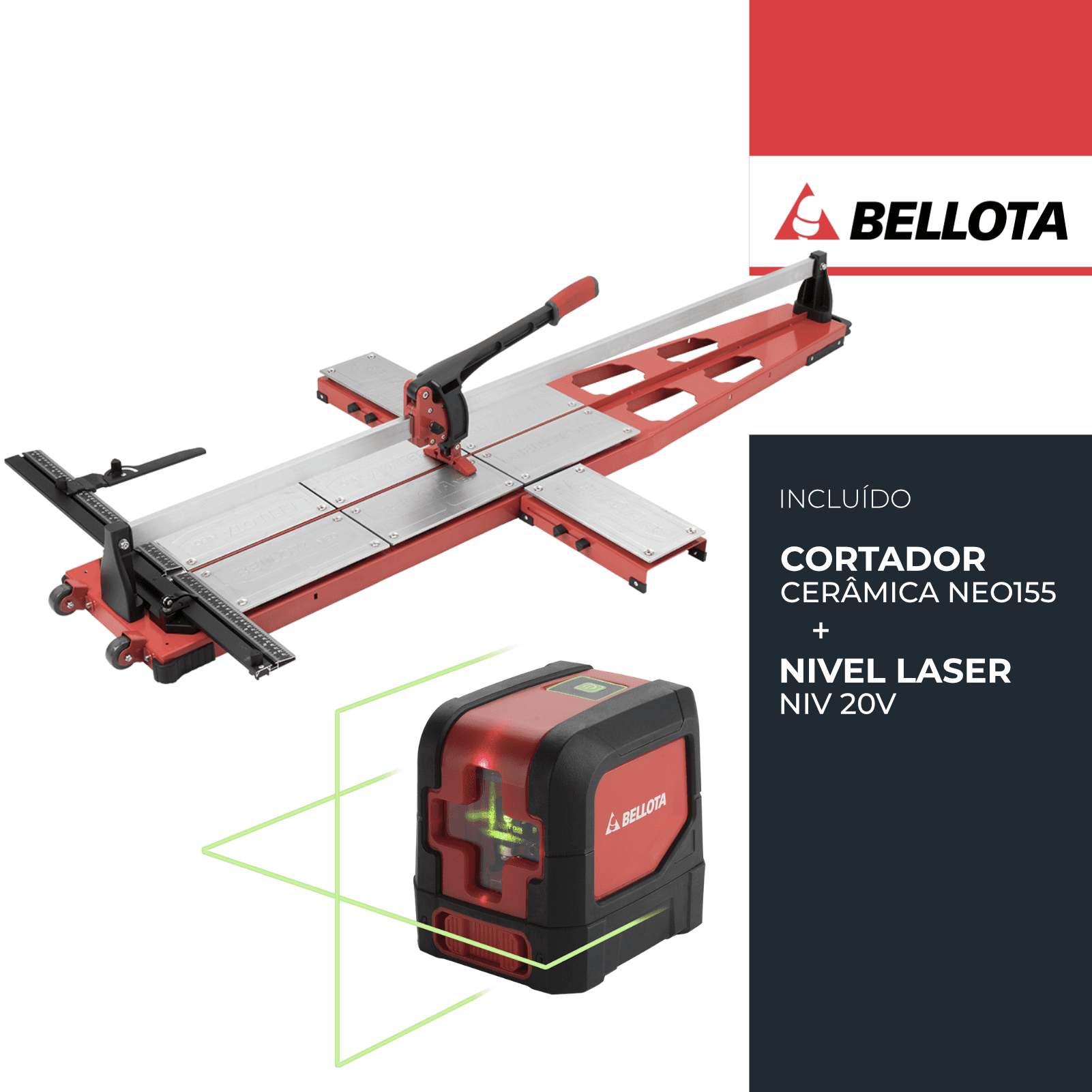 Cortador de Cerâmica Manual Bellota Neo 155 1550MM + Nível Laser Linha Verde 20M