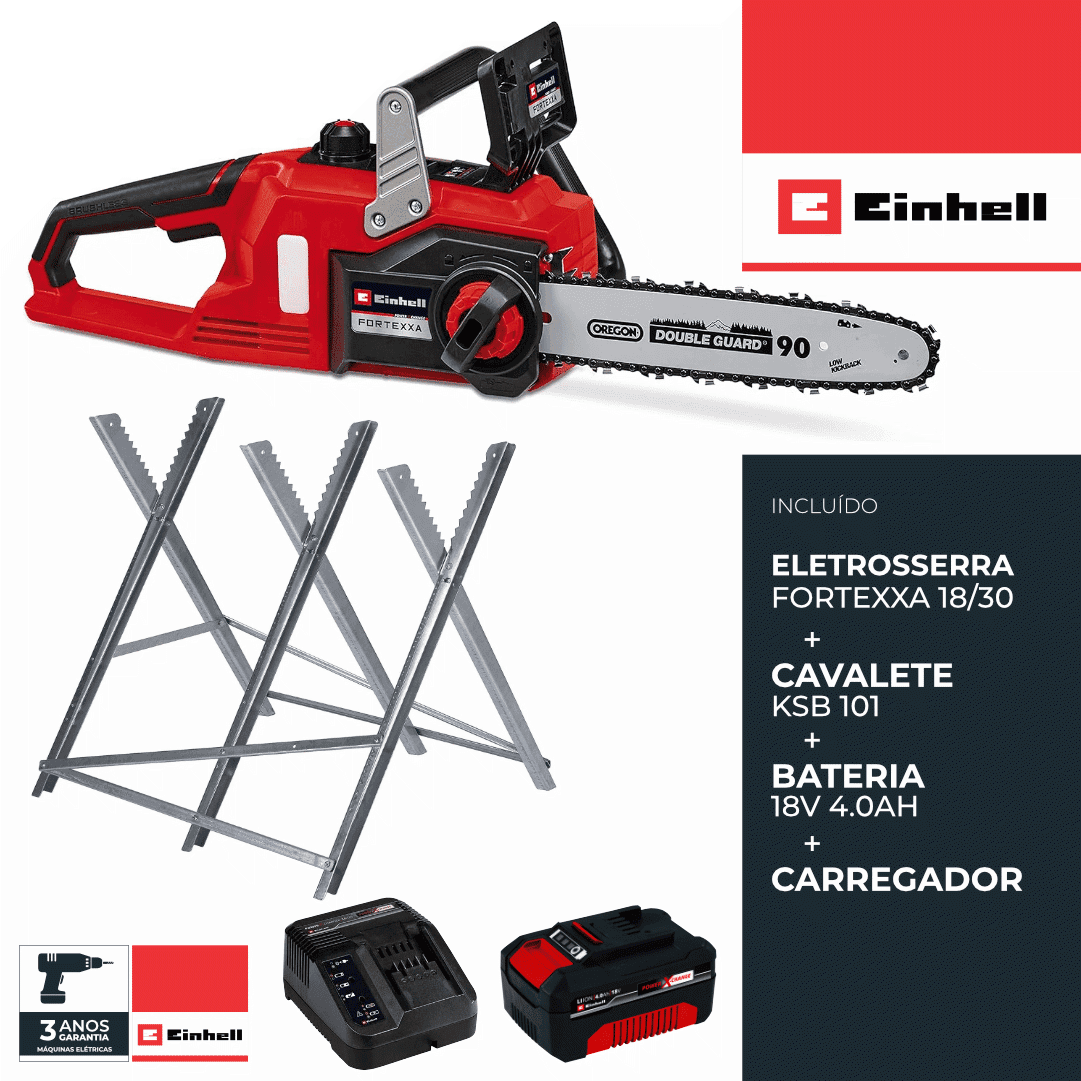 Kit Einhell Eletrosserra Fortexxa 18/30 + Cavalete KSB 101 +  Bateria 18V 4.0Ah + Carregador