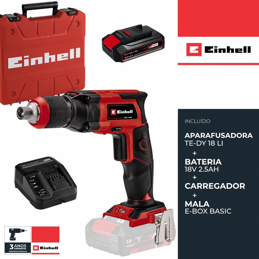 Aparafusadora Einhell p/ Gesso Cartonado TE-DY 18 Li + Bateria 18V 2.5Ah + Carregador + Mala
