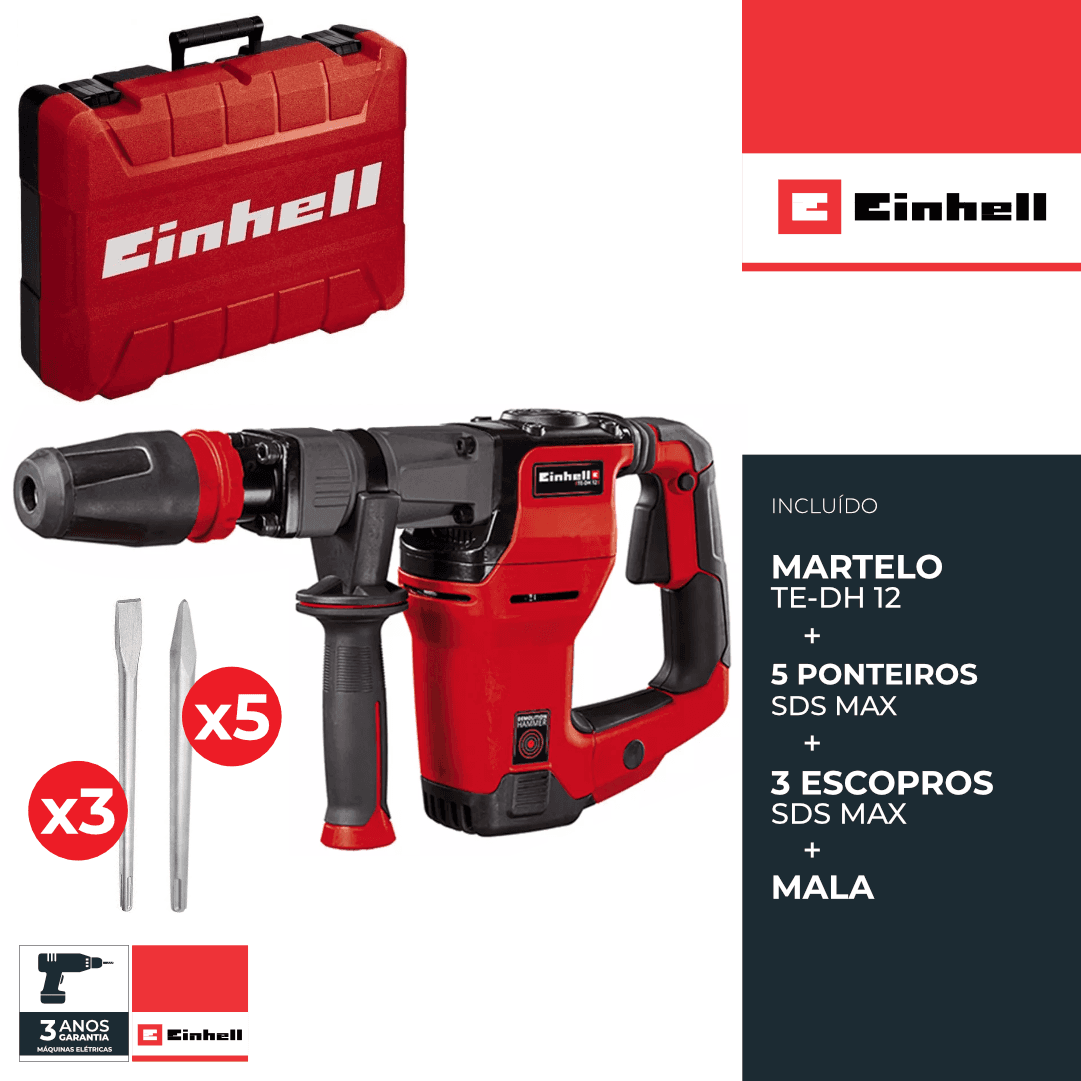 Martelo Demolidor Einhell TE-DH 12 11KG + 5 Ponteiros + 3 Escopros +  Mala