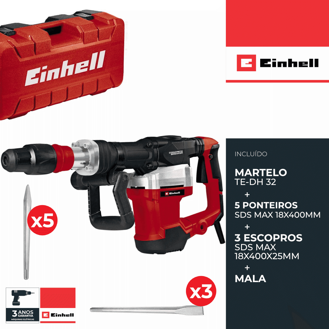 Martelo Demolidor Einhell TE-DH 32 + 5 Ponteiros + 3 Escopros + Mala