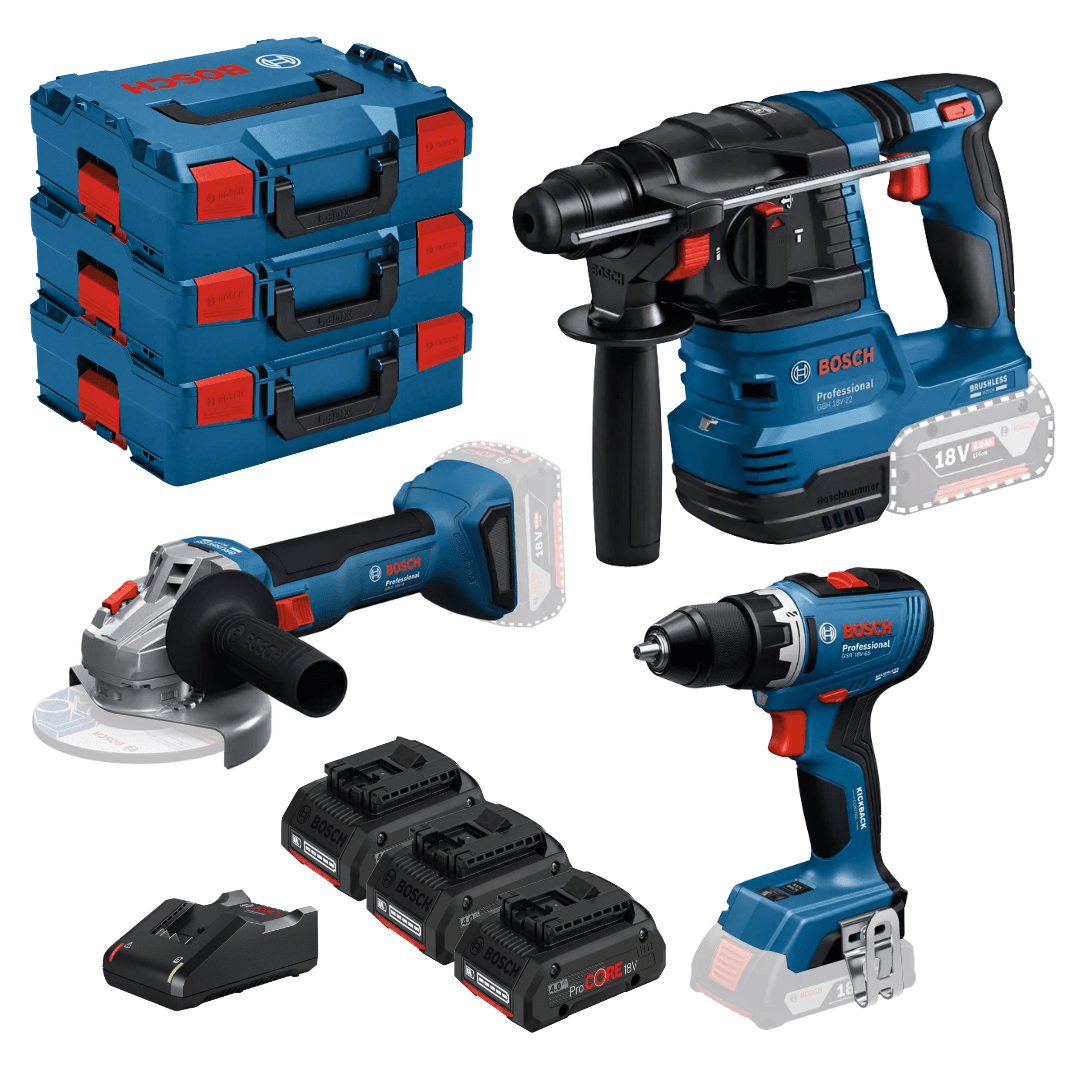 Kit Bosch Profissional Martelo GBH 18V-22 + Aparafusadora GSR 18V-65 + Rebarbadora GWS 18V-8 125MM + 3 Baterias ProCore 4.0Ah + Carregador + 3 Malas