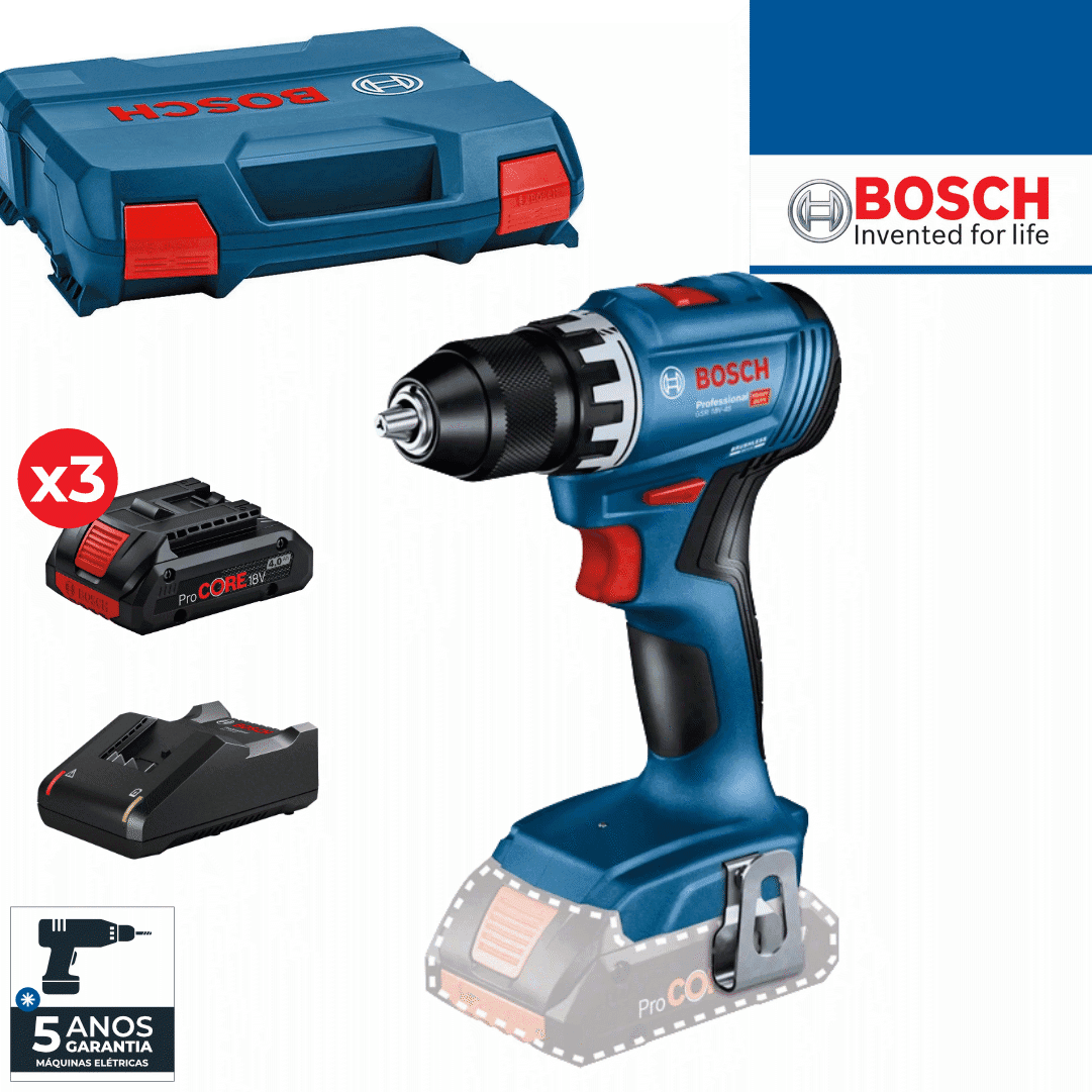 Aparafusadora Bosch Profissional GSR 18V-45 + 3 Baterias ProCore 18V 4.0Ah + Carregador + Mala (0615A5002N)