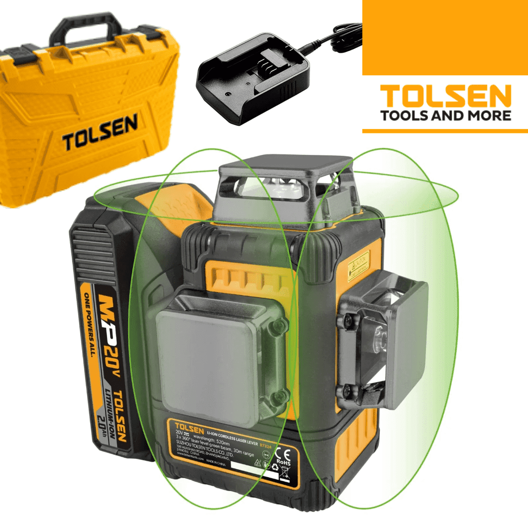 Nível Laser Tolsen Industrial Linha Verde 20V 30MT 360º + Bateria 2.0Ah + Carregador + Acessórios + Mala