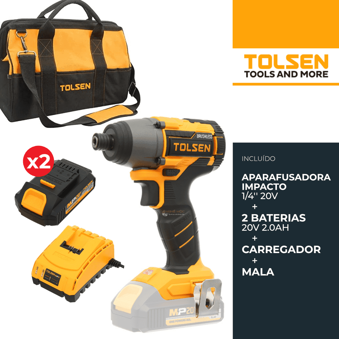 Aparafusadora Impacto Tolsen Industrial 20V 1/4'' + 2 Baterias 2.0Ah + Carregador