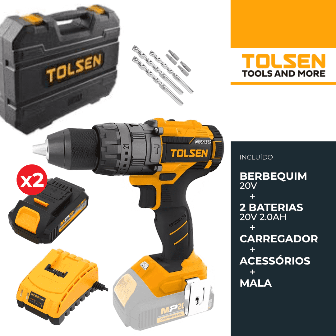 Berbequim Tolsen Industrial 20V + 2 Baterias 2.0Ah + Carregador