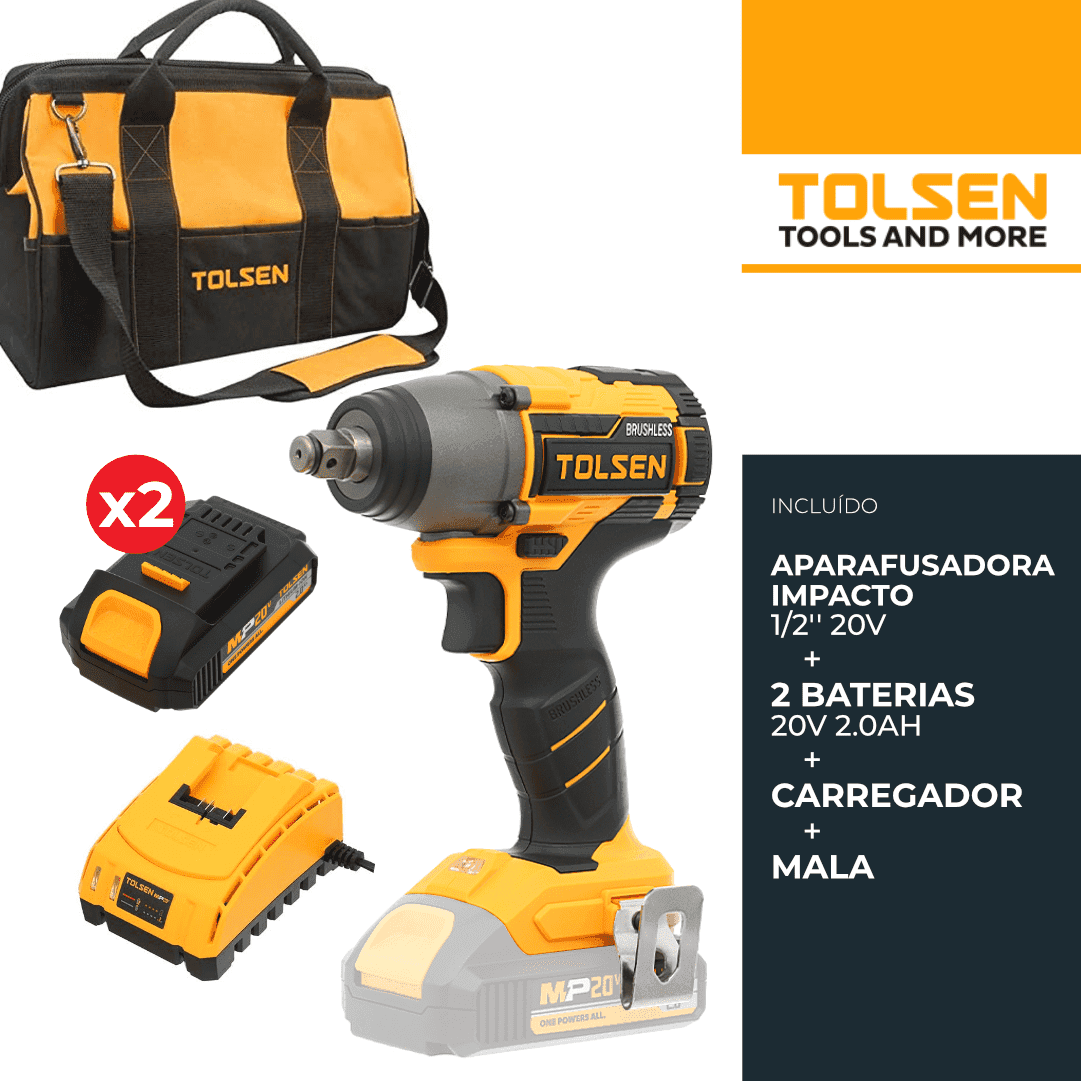 Chave Impacto Tolsen Industrial 20V 1/2'' + 2 Baterias 2.0Ah + Carregador