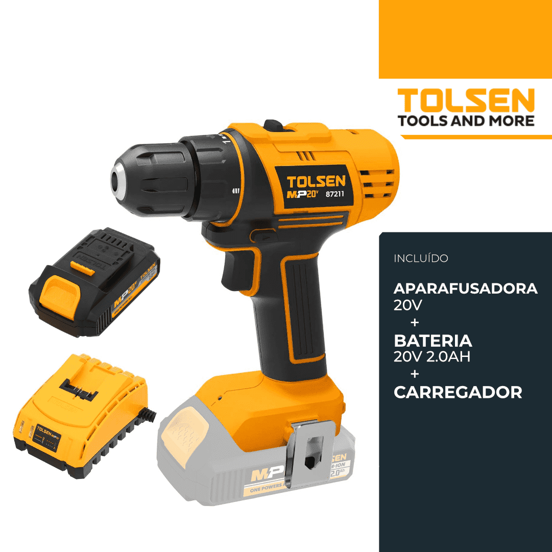 Aparafusadora Tolsen 20V + Bateria 2.0Ah + Carregador
