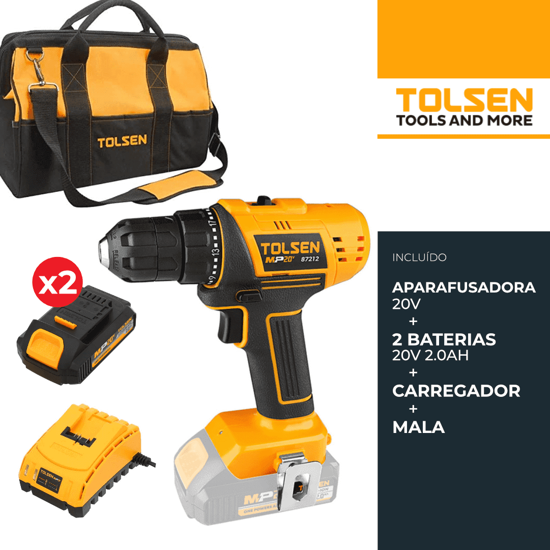 Aparafusadora Tolsen 20V + 2 Baterias 2.0Ah + Carregador + Mala
