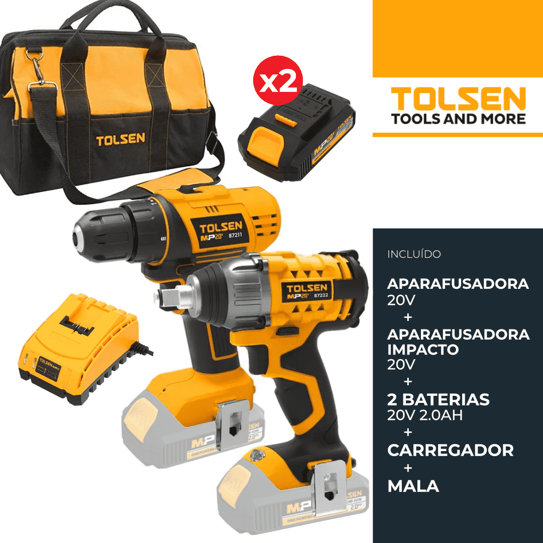 Kit Tolsen Aparafusadora 20V + Aparafusadora Impacto 20V + 2 Baterias 2.0Ah + Carregador + Mala