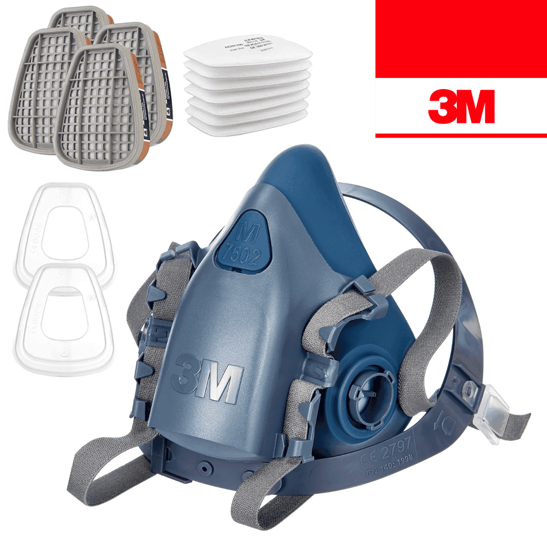 Máscara de Proteção 3M Semi Facial Reutilizável 7502 + Filtro Gás e Vapores Orgânicos 6055 A2 + Pré Filtro de Partículas 5925 P2 R + Retentor 501
