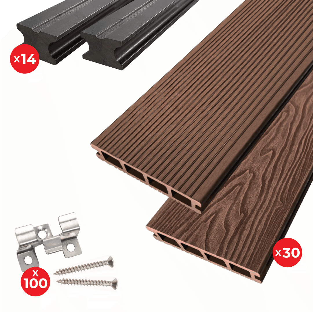  Kit Deck Compósito Reversível Designia Latte 25MM + Travessa + Clip Metálico c/ Parafuso - 10M²