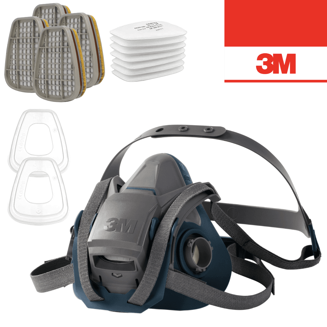 Máscara de Proteção 3M Semi Facial Reutilizável 6500QL + Filtro Gás e Vapores Orgânicos e Gás Ácido 6057 ABE1 + Pré Filtro de Partículas 5935 P3 R + Retentor 501