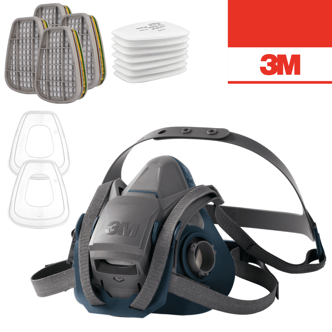Máscara de Proteção 3M Semi Facial Reutilizável 6500QL + Filtro Gás e Vapores Orgânicos, Amoníaco e Gás Ácido 6059 ABEK1 + Pré Filtro de Partículas 5935 P3 R + Retentor 501