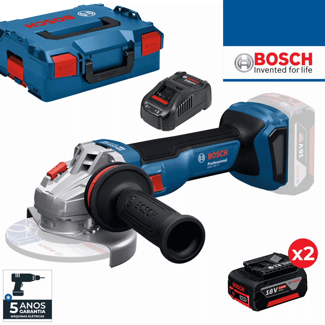 Rebarbadora Bosch Profissional GWS 18V-11 125MM + 2 Baterias 18V 5.0Ah + Carregador + Mala (06019N4103)