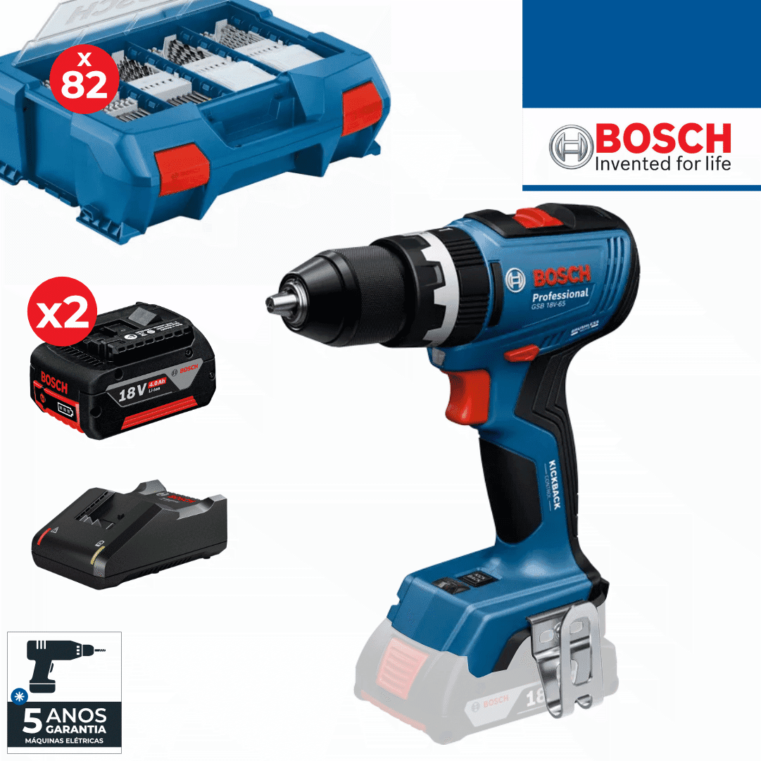 Aparafusadora Bosch Profissional GSB 18V-65 + 2 Baterias 18V 4.0Ah + Carregador + Mala c/ 82 Acessórios (06019N3307)