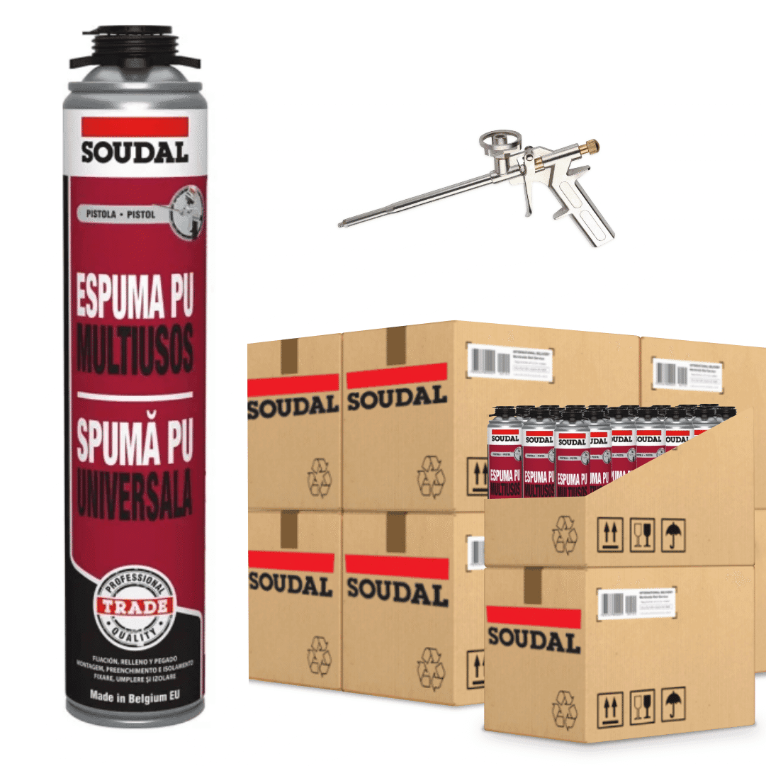 Espuma Poliuretano Soudal Multiusos Universal p/ Pistola 750ML - 120UNI + OFERTA de Pistola PU