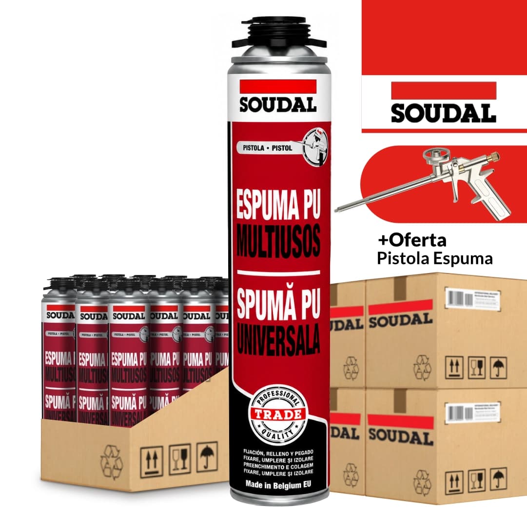 Espuma Poliuretano Soudal Multiusos Universal p/ Pistola 750ML - 120UNI + OFERTA de Pistola PU