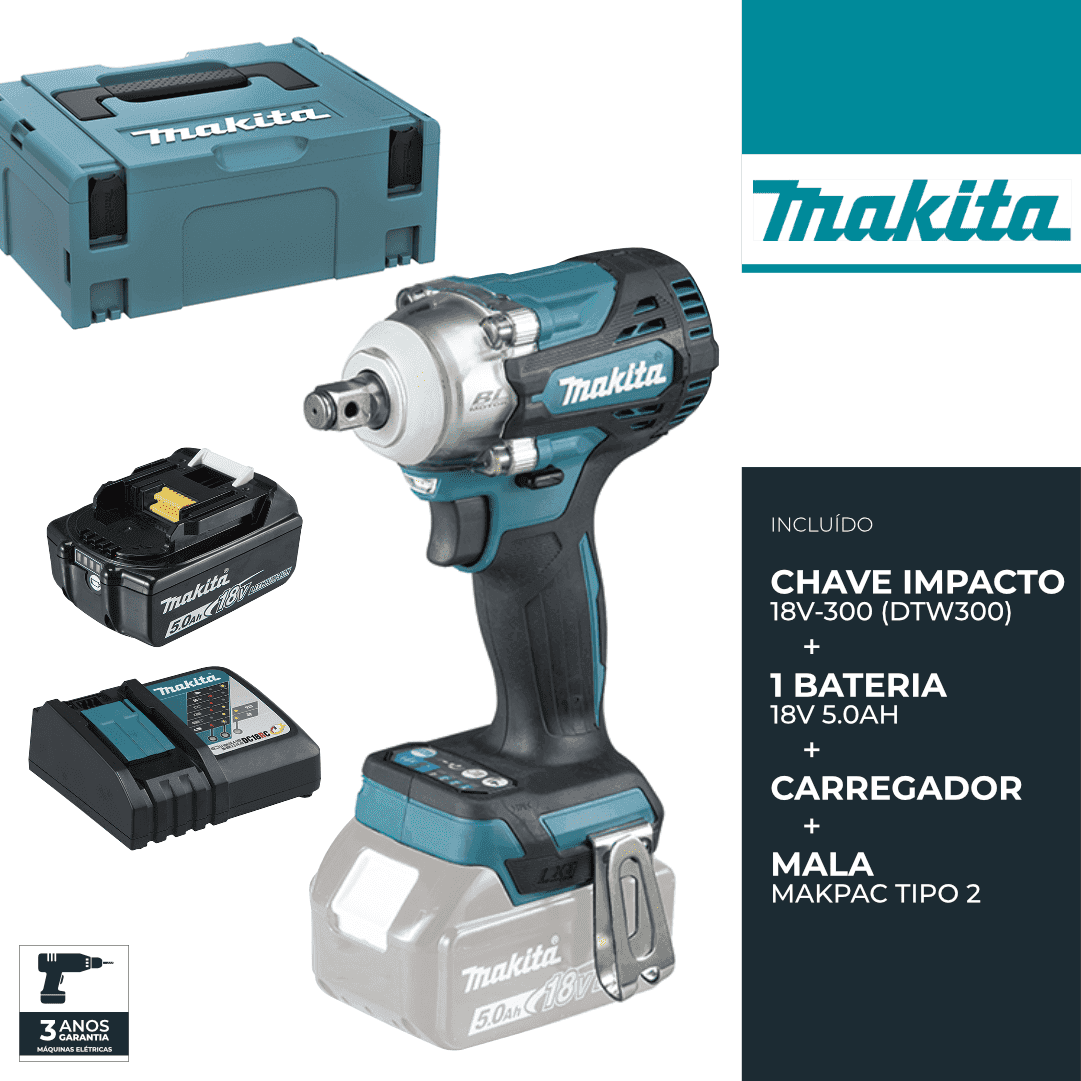 Chave Impacto Makita 18V-300 (DTW300) + Bateria 18V 5.0Ah + Carregador + Mala