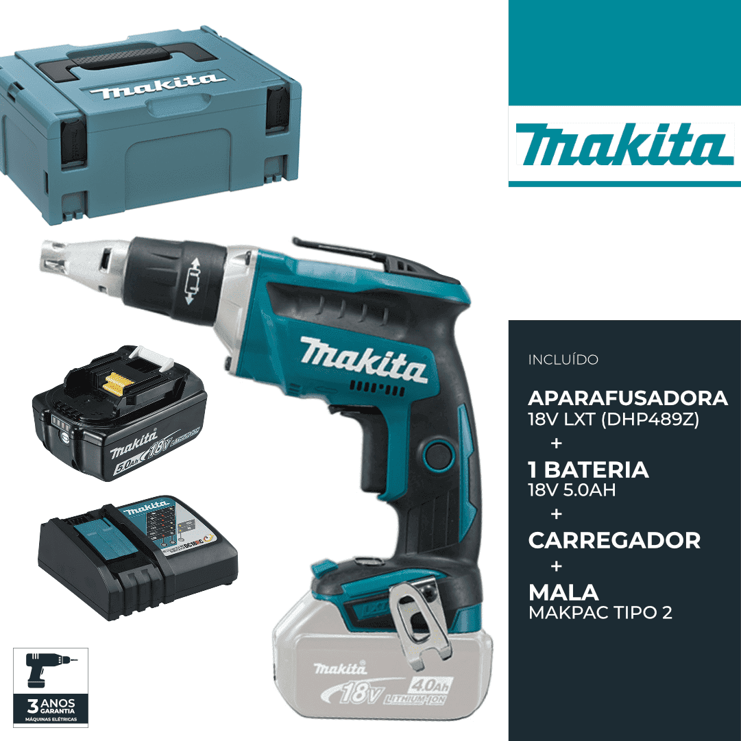 Aparafusadora p/ Gesso Cartonado Makita 18V BL (DFS452) + Bateria 18V 5.0Ah + Carregador + Mala