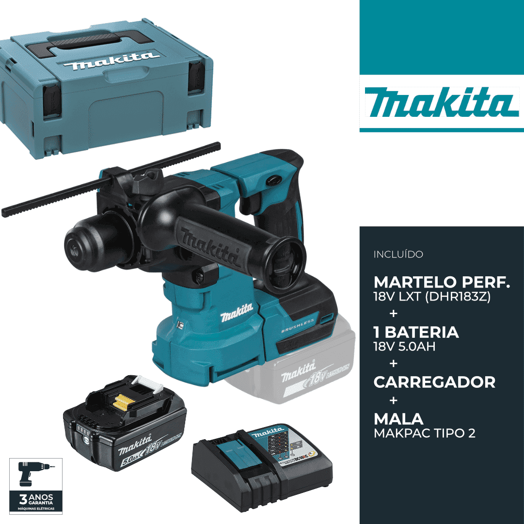 Martelo Perfurador Makita 18V LXT (DHR183Z) + Bateria 18V 5.0Ah + Carregador + Mala