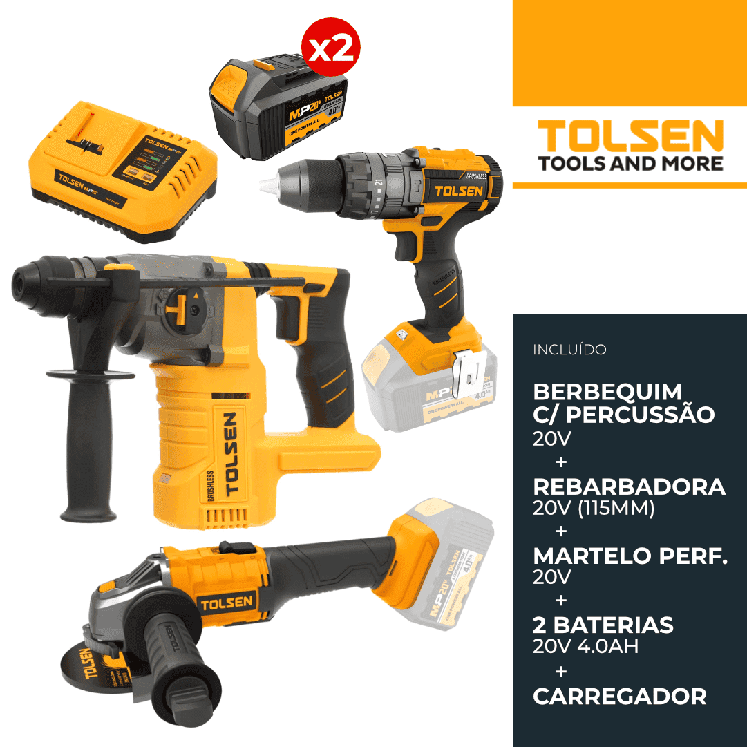 Kit Tolsen Industrial Martelo Perfurador 20V + Berbequim 20V + Rebarbadora 20V 115MM + 2 Baterias 4.0Ah + Carregador