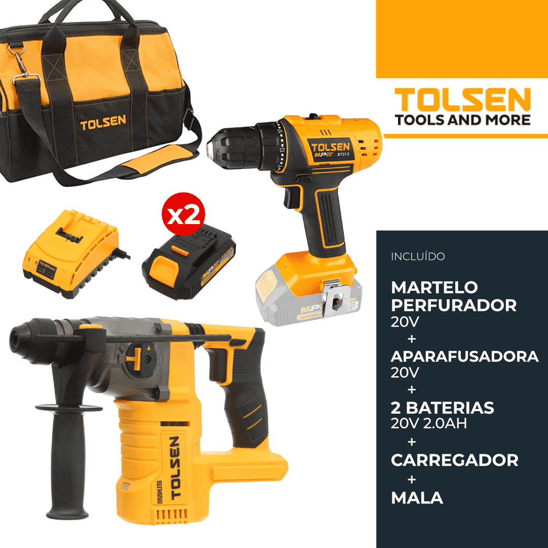 Kit Tolsen Industrial Martelo Perfurador 20V + Aparafusadora 20V + 2 Baterias 2.0Ah + Carregador + Mala