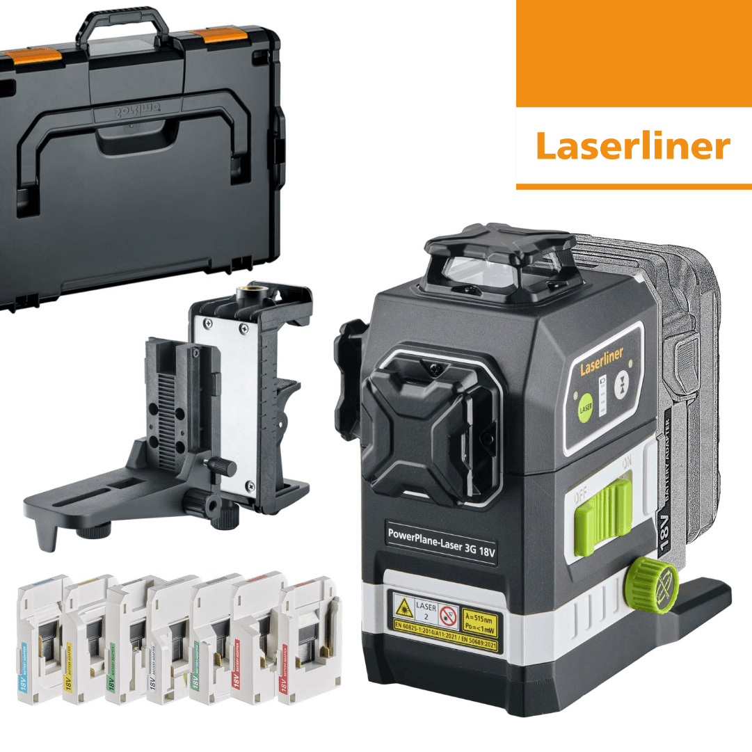 Nível Laser a Bateria Laserliner PowerPlane-Laser 3G Multi-18V Linha Verde 60M + 7 Adaptadores de Bateria + Mala