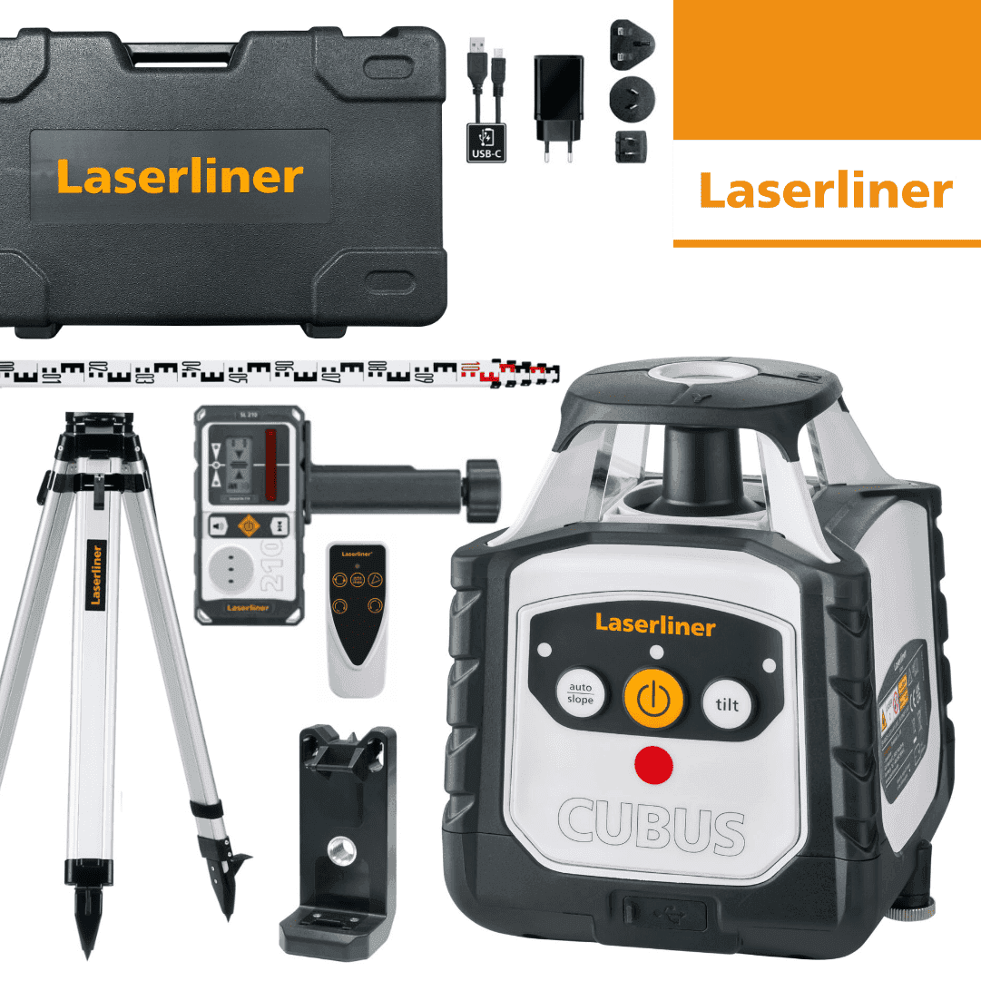 Nível Laser Rotativo Laserliner Cubus 210 S Linha Vermelha 200M + Tripé 1.50MT + Régua + Receptor + Comando + Mala