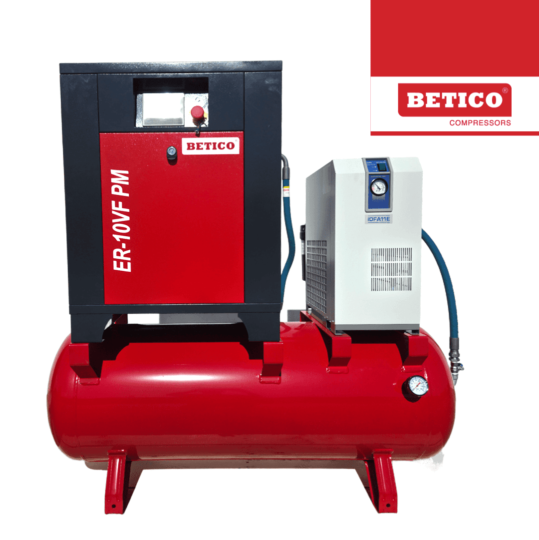 Compressor de Parafuso Betico ER-10 VF PM 7.5KW 10BAR + Secador + Depósito Horizontal + Filtro