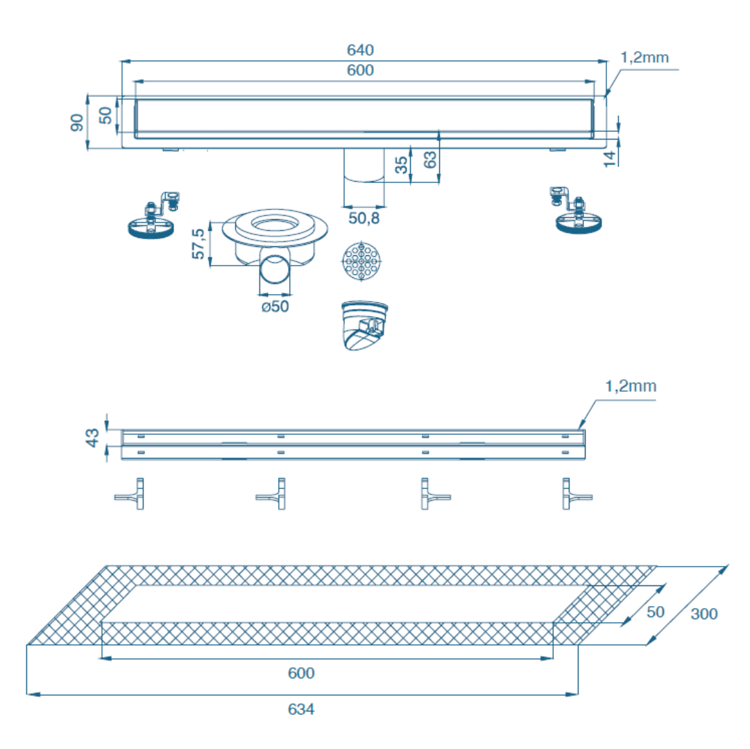 Calha Duche Inox Reversível 50x600MM