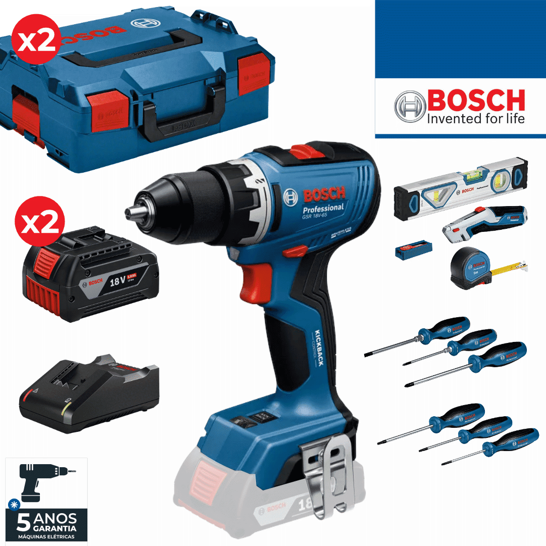 Berbequim Bosch Profissional GSR 18V-65 + 2 Baterias 18V 5.0Ah + Carregador + Jogo Ferramentas Manual + 2 Malas (0615A5007K)