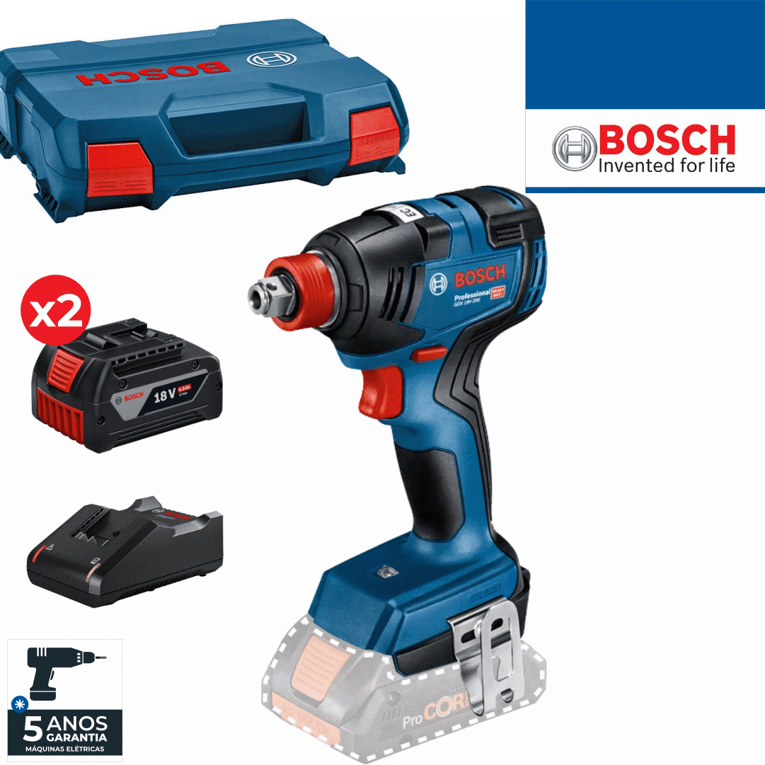 Aparafusadora Impacto Bosch Profissional GDX 18V-200 + 2 Baterias 18V 4.0Ah + Carregador + Mala (06019J2206)