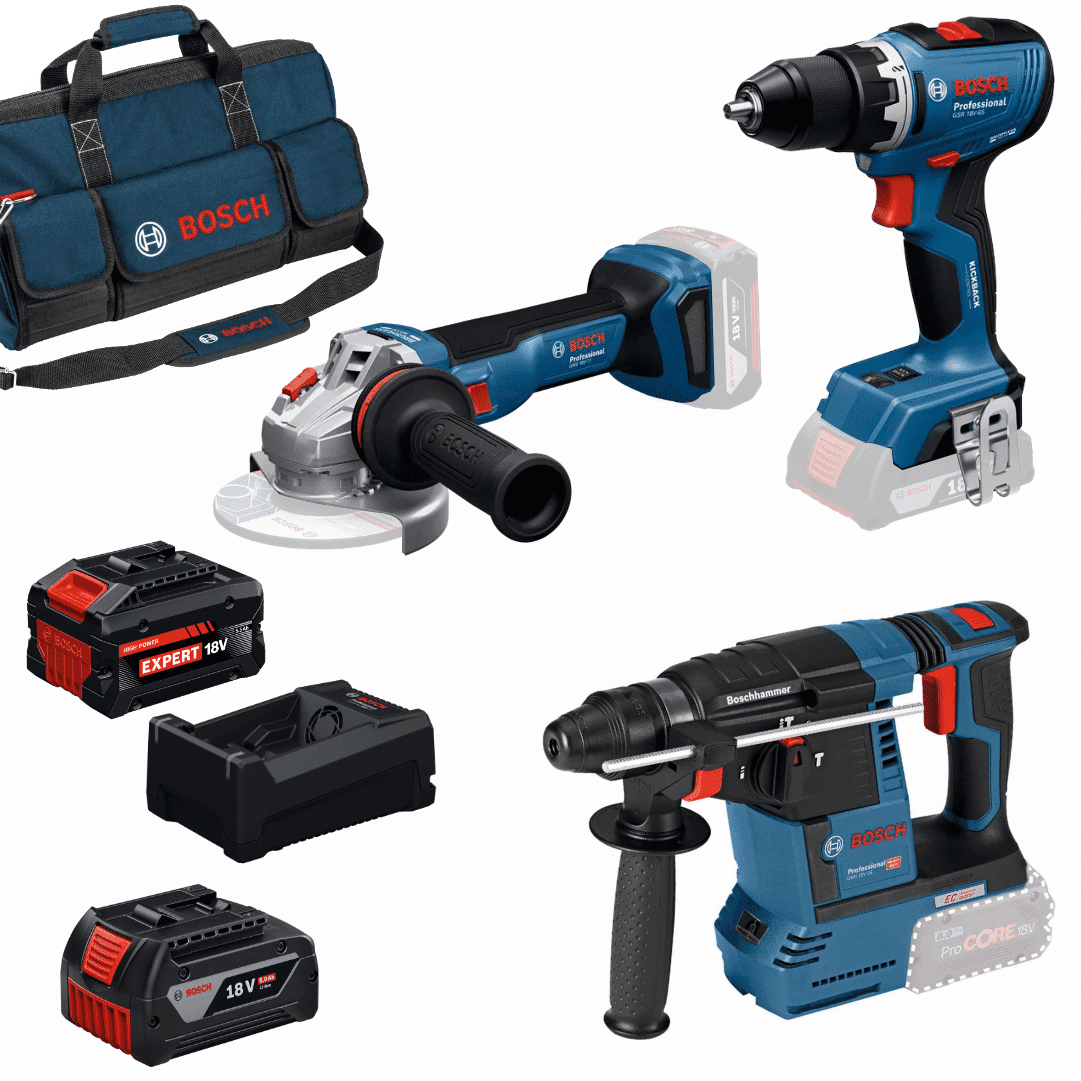 Kit Bosch Profissional Rebarbadora GWS 18V-11 125MM + Martelo Perfurador GBH 18V-26 + Aparafusadora GSR 18V-65 + 2 Baterias  18V 5.0Ah/ EXBA 5.5Ah + Carregador + Mala (0615A500AJ)