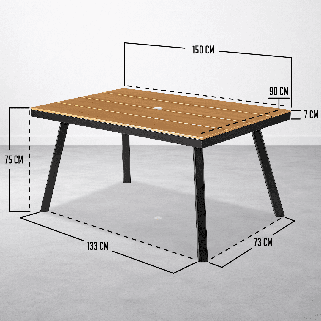  Mesa Refeição Jardim Designia Portofino Retangular 150x90CM Madeira/Preto c/ Furo